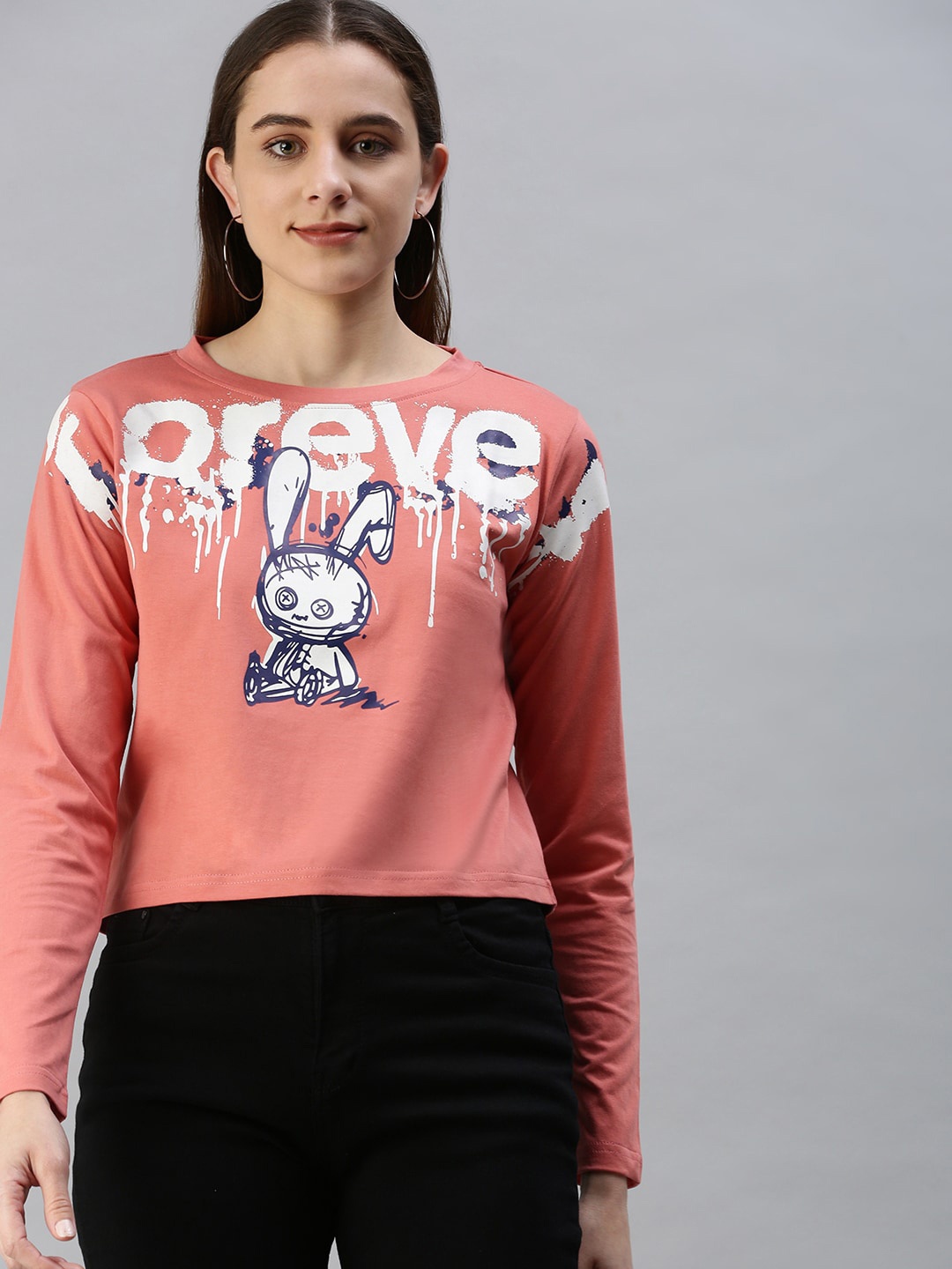 

JUNEBERRY Graphic Printed Long Sleeves Cotton Crop Top, Peach