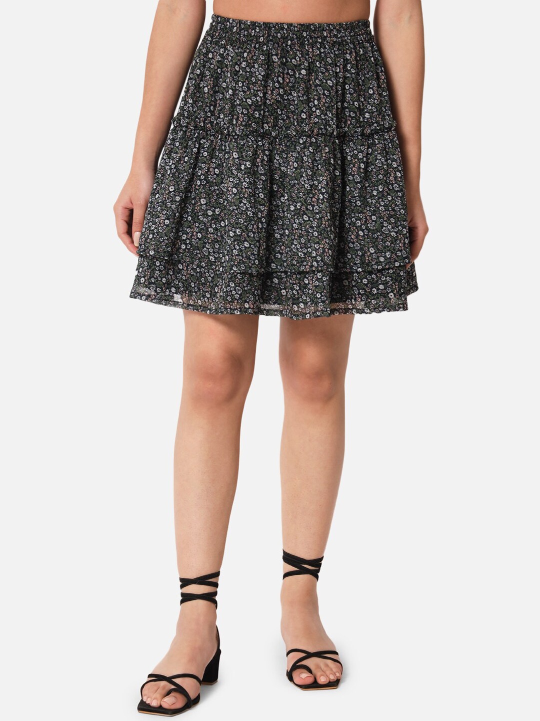 

ALL WAYS YOU Floral Printed Georgette Tiered Skirt, Black