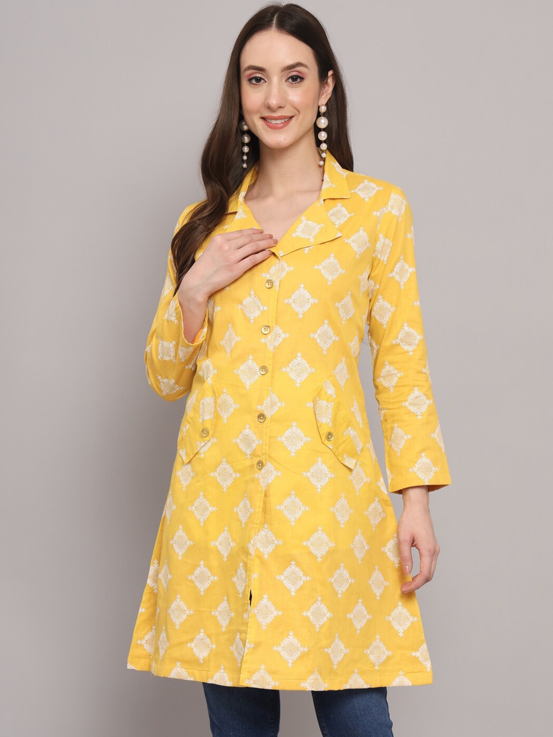 

Myshka Floral Printed Lightweight Longline Cotton Open Front Jacket, Yellow