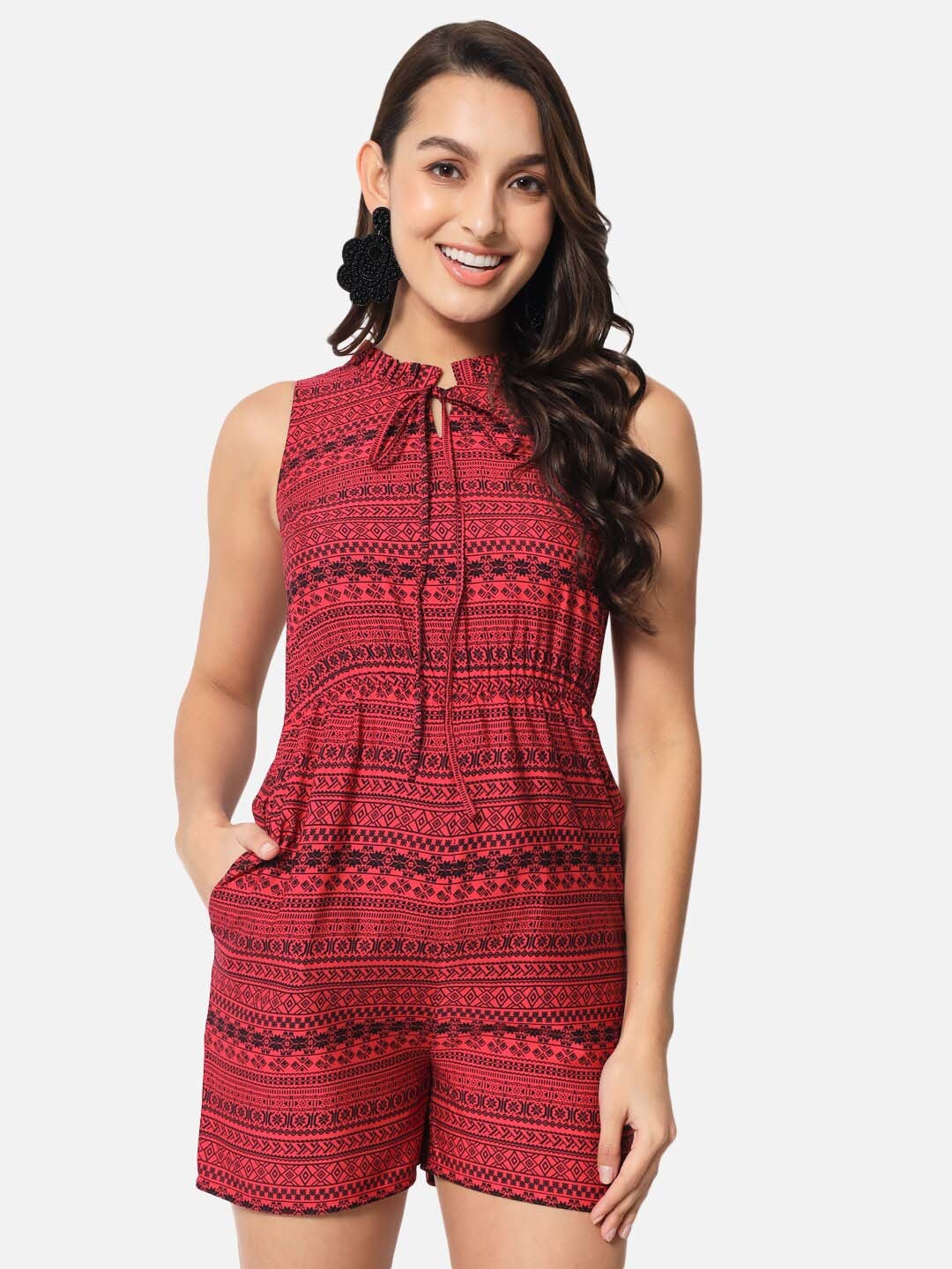 

ALL WAYS YOU Printed Tie-Ups Neck Sleeveless Playsuit, Red