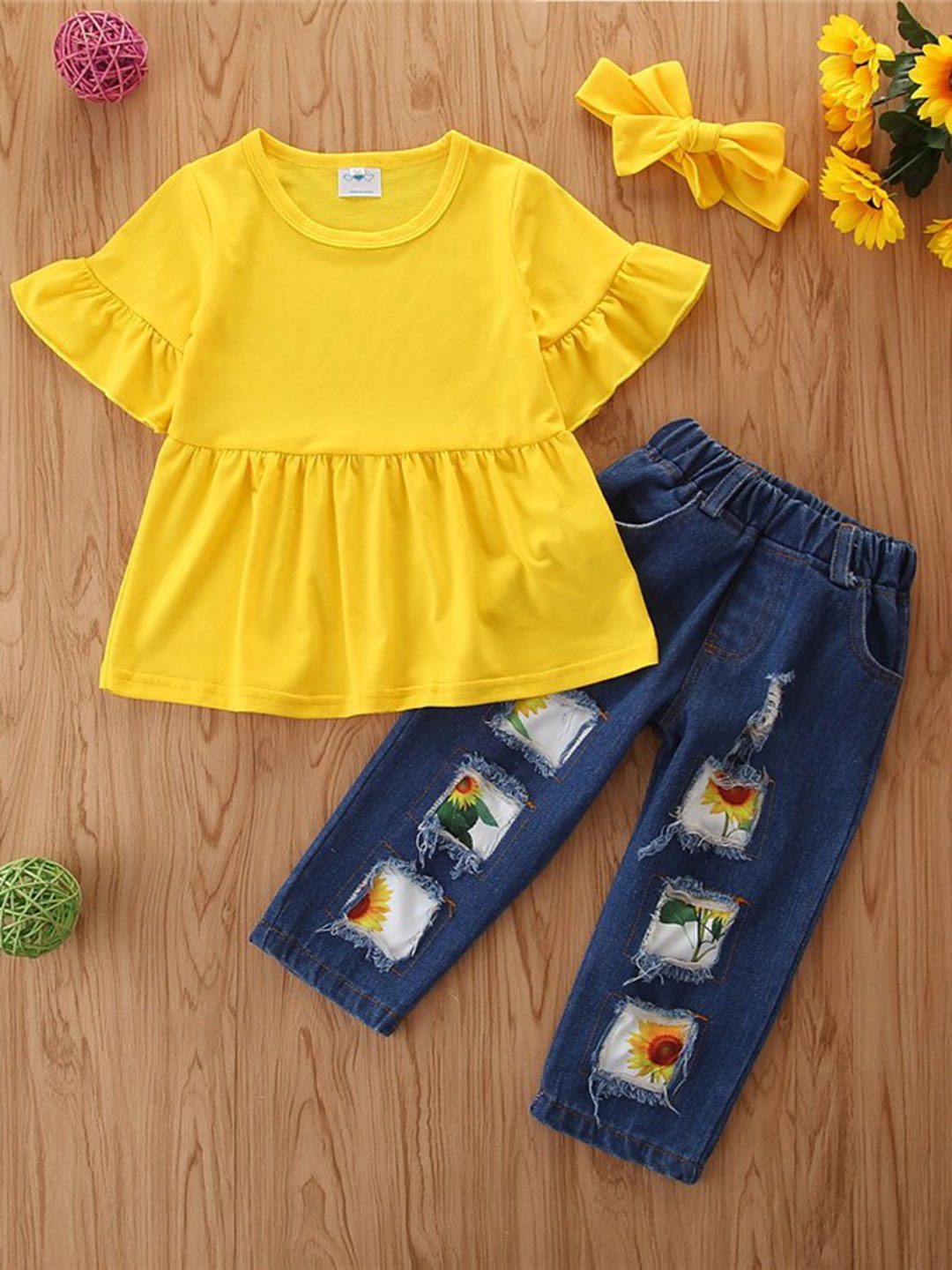 

Googo Gaaga Girls Pure Cotton Round Neck Top with Jeans with Headband Clothing Set, Yellow