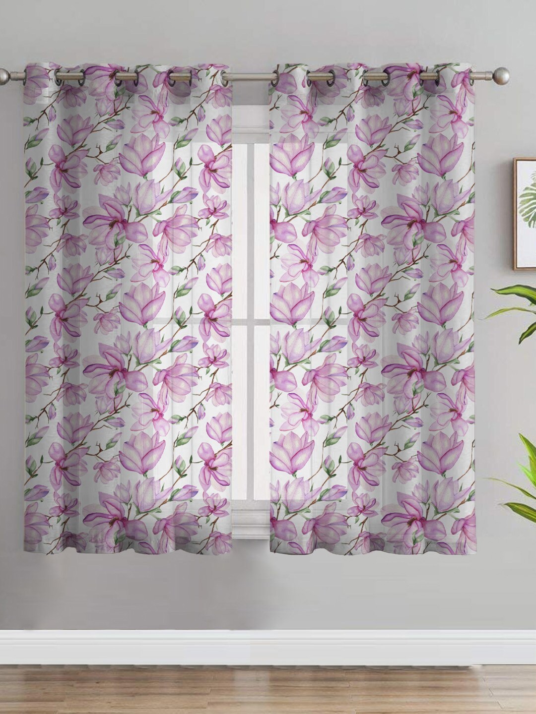 

SPACES White & Pink Set of 2 Floral Semi-Transparent Semi Transparent Sheer Window Curtain