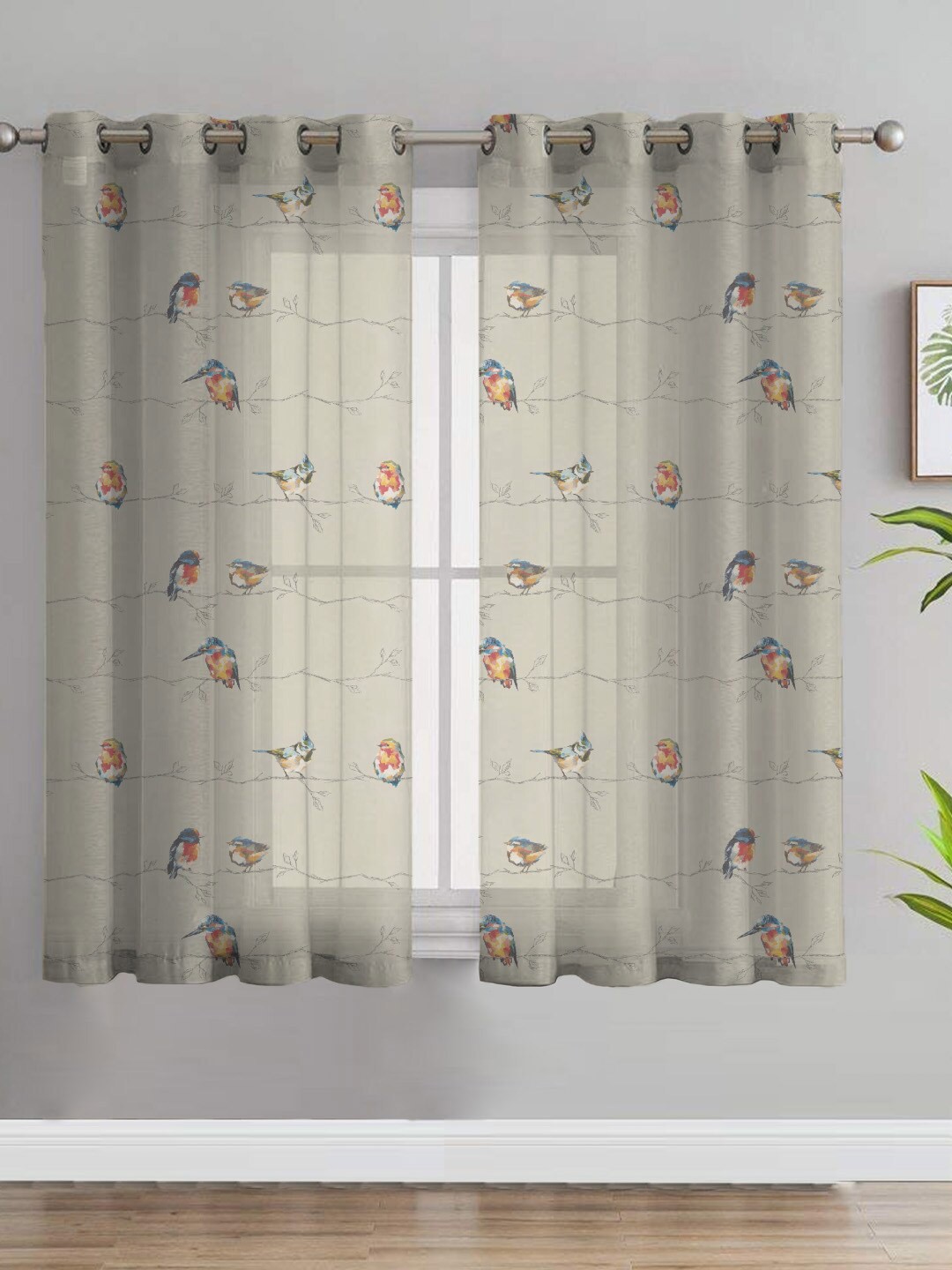 

SPACES Elegant Beige & Blue 2-Pieces Floral Sheer Window Curtains