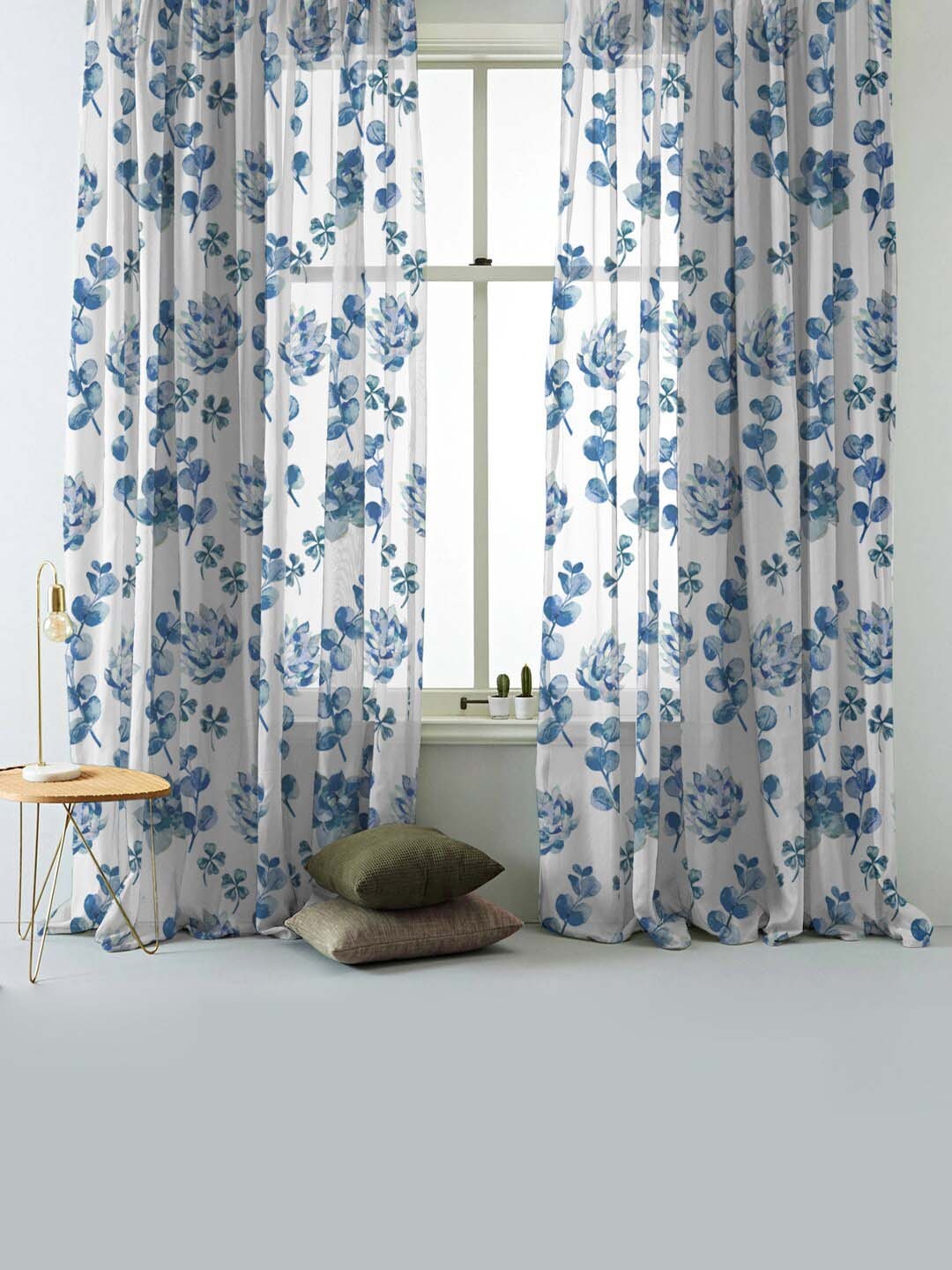 

SPACES Elegant White & Blue 2-Pieces Floral Semi Transparent Sheer Long Door Curtains