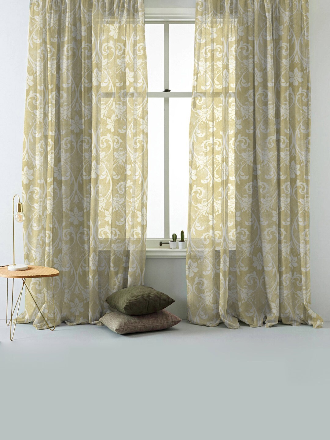 

SPACES Elegant Yellow & White 2-Pieces Ethnic Motifs Sheer Door Curtains