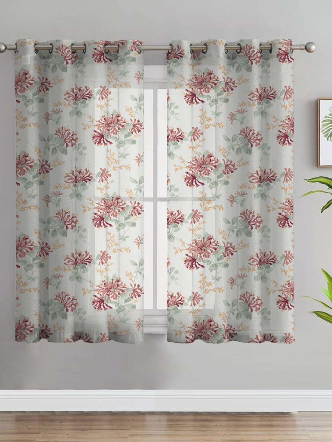 

SPACES Elegant White & Maroon 2-Pieces Floral Sheer Window Curtains