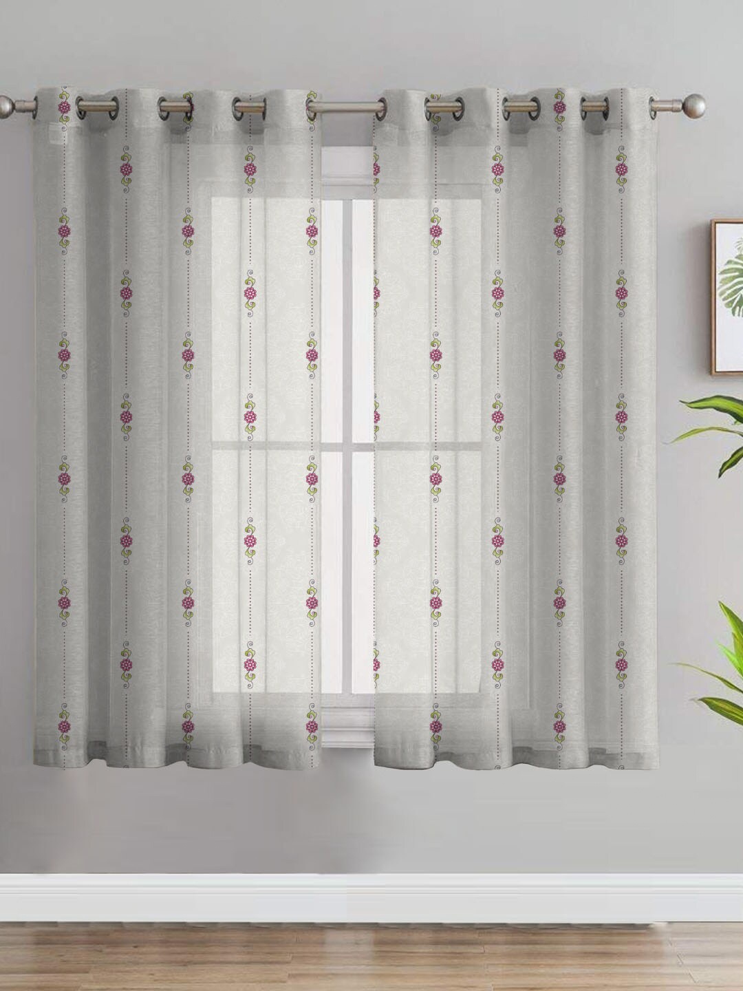 

SPACES Elegant Beige & Green 2-Pieces Ethnic Motifs Sheer Window Curtains