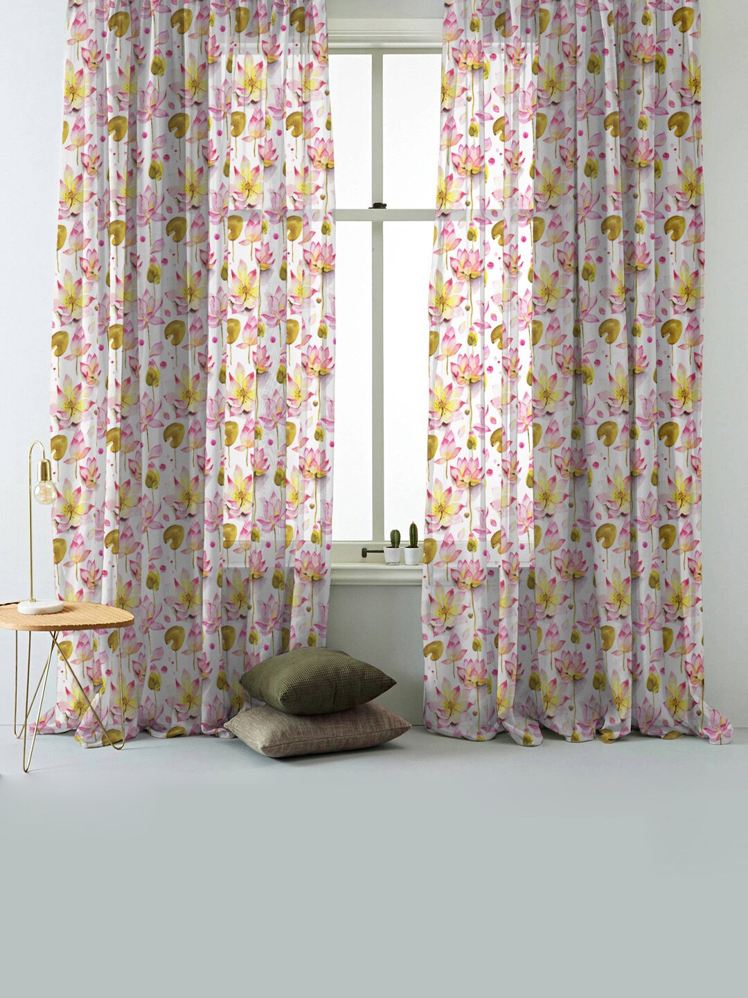 

SPACES Elegant White & Yellow 2-Pieces Floral Semi Transparent Sheer Long Door Curtains