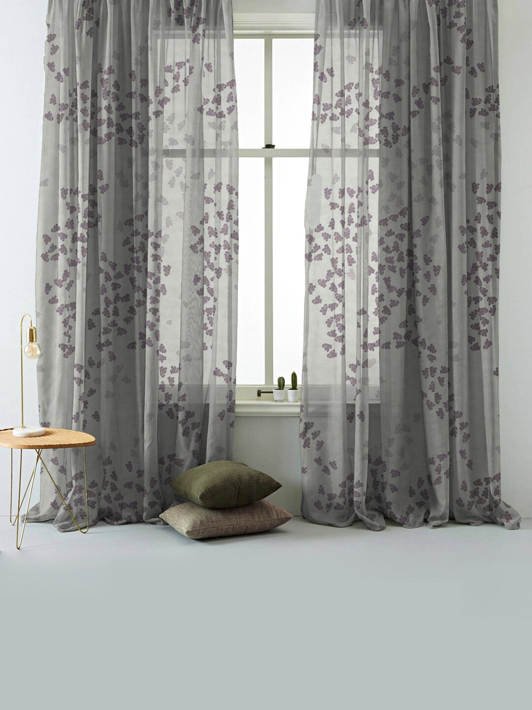 

SPACES Elegant Grey & Coral 2-Pieces Floral Sheer Door Curtains