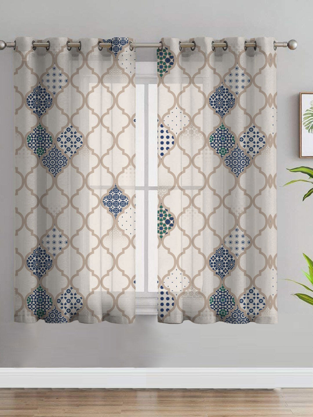 

SPACES Elegant Off White & Beige 2-Pieces Ethnic Motifs Sheer Window Curtains