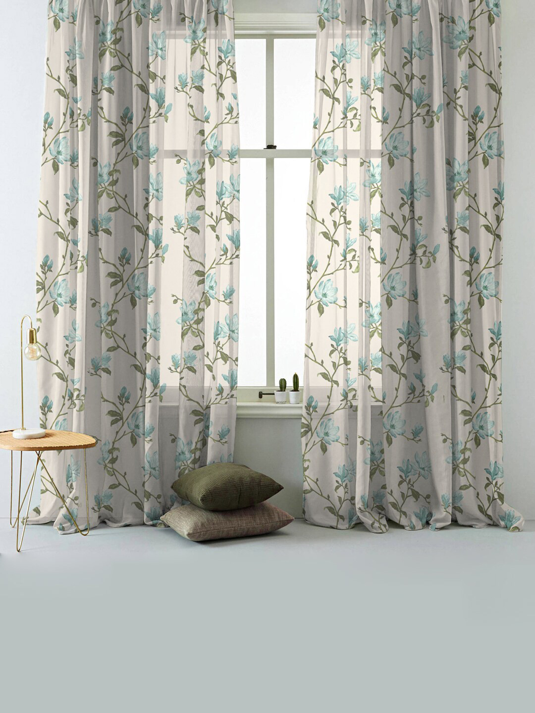 

SPACES Elegant Off White & Green 2-Pieces Floral Semi Transparent Sheer Long Door Curtains