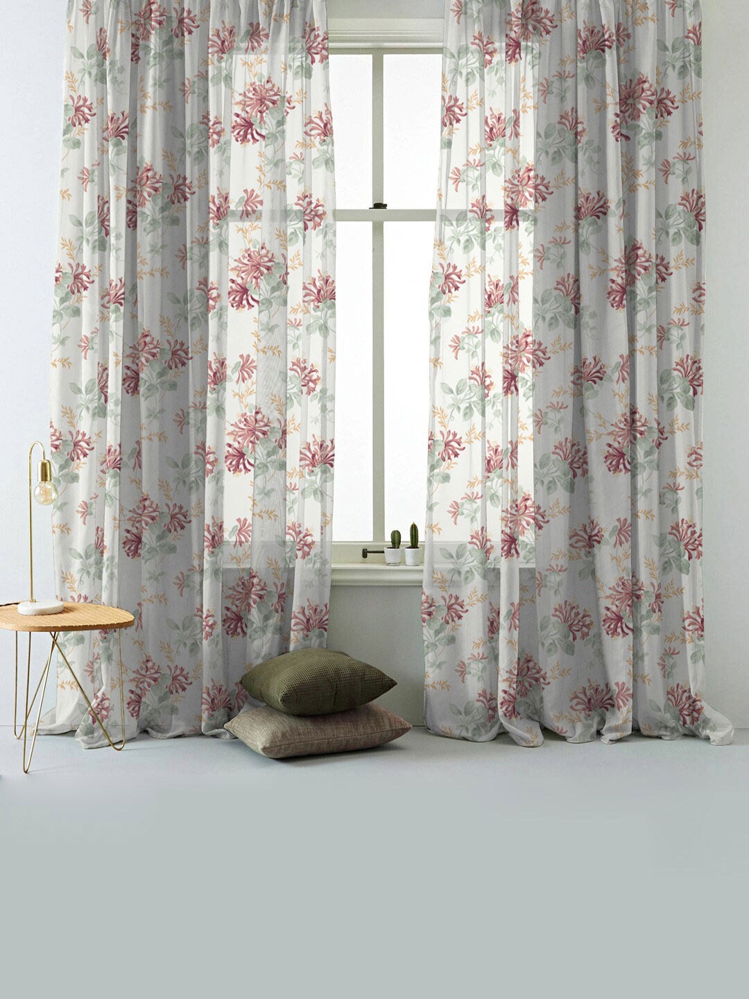 

SPACES Elegant White & Maroon 2-Pieces Floral Sheer Door Curtains