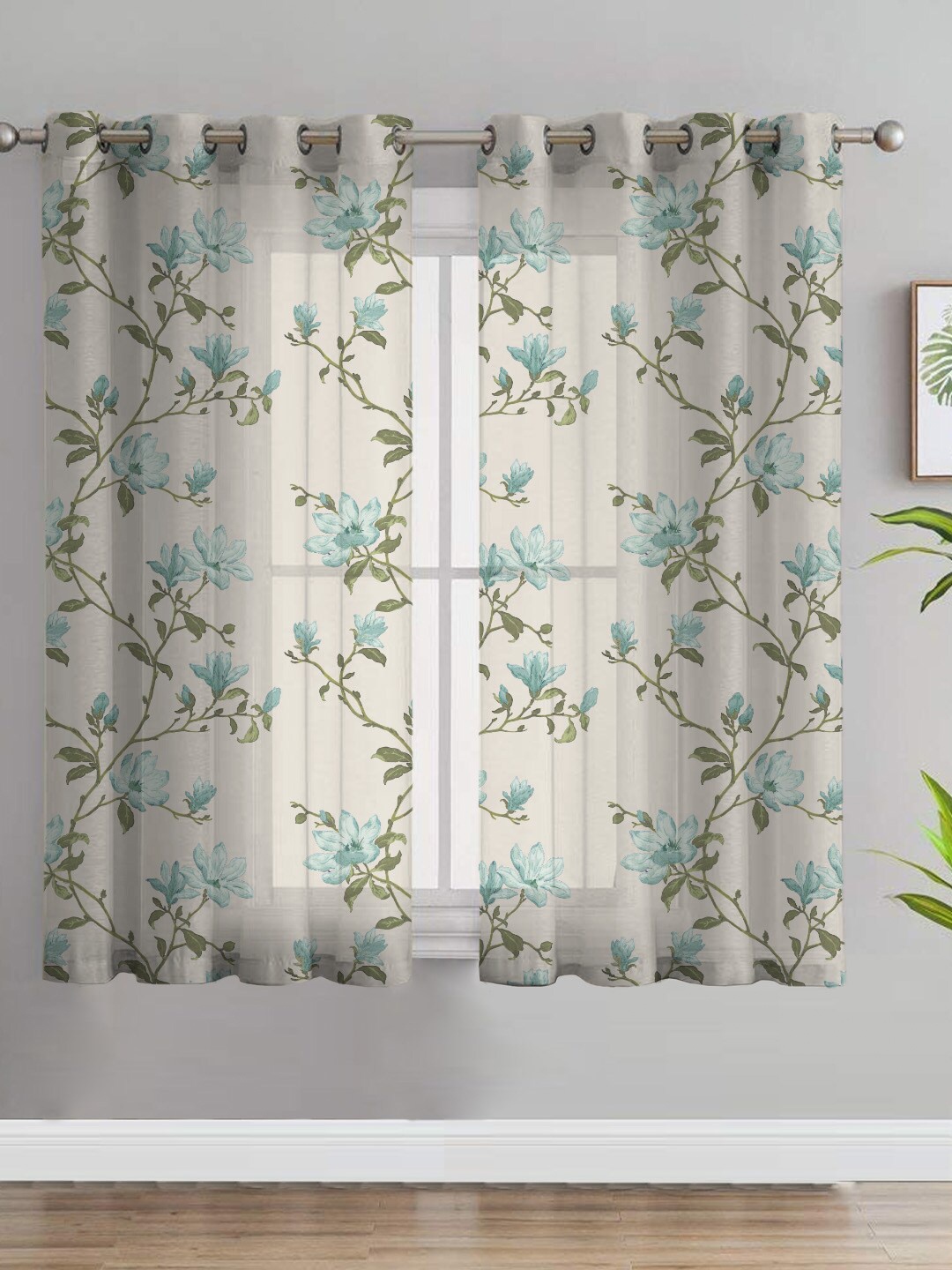 

SPACES Elegant Off White & Green 2-Pieces Floral Sheer Window Curtains