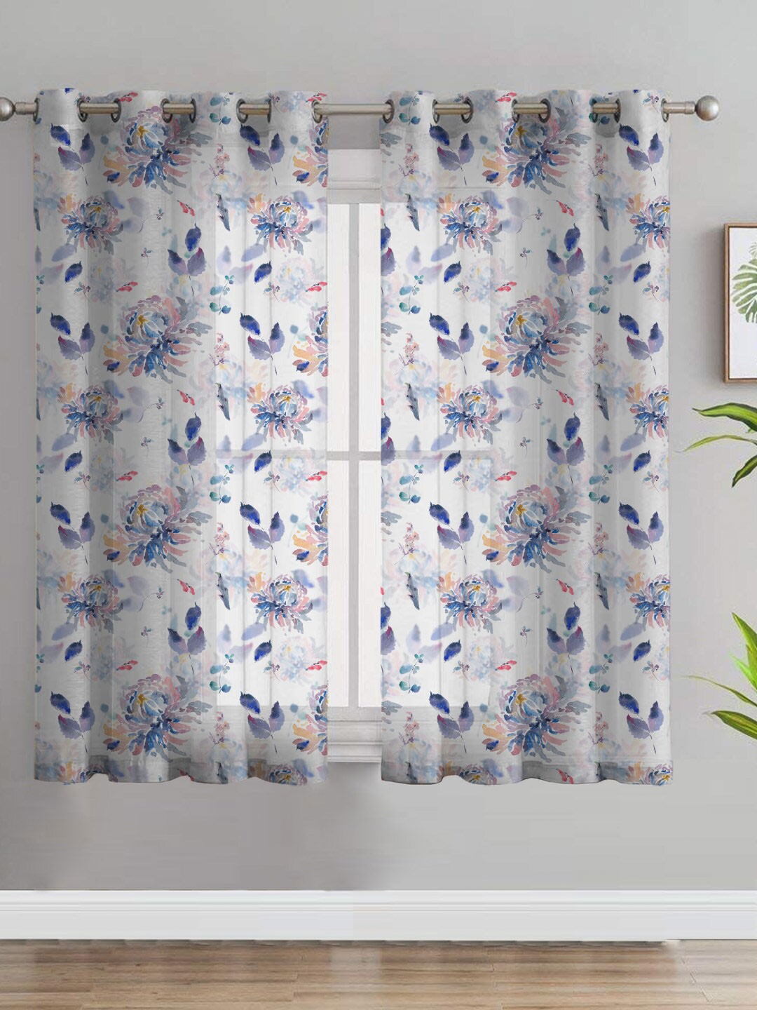 

SPACES Elegant White & Blue 2-Pieces Floral Sheer Window Curtains