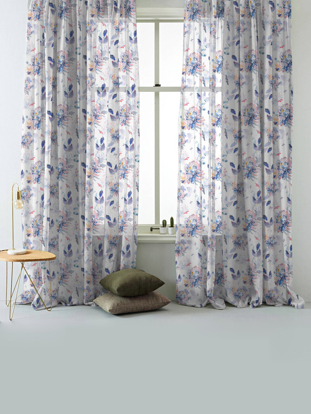 

SPACES Elegant White & Blue 2-Pieces Floral Sheer Door Curtains