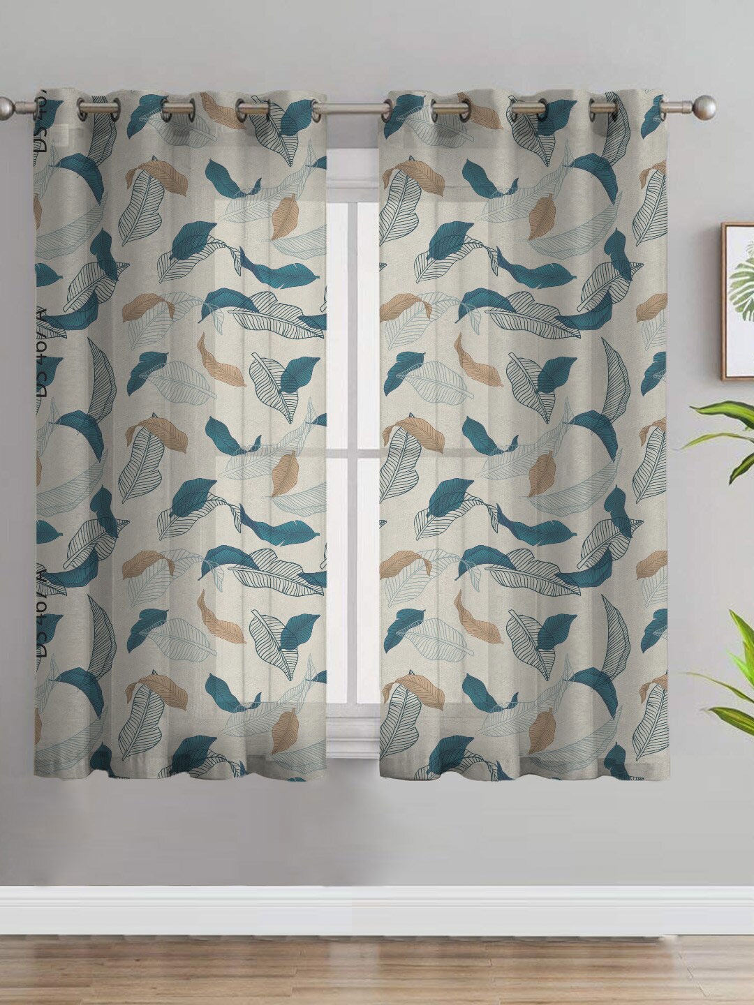

SPACES Elegant Grey & Teal Blue 2-Pieces Floral Sheer Window Curtains