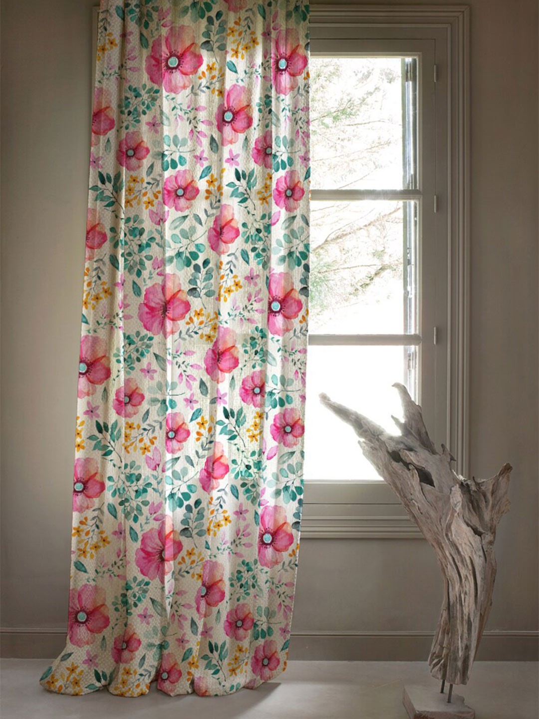 

SPACES Elegant White & Pink 2-Pieces Floral Sheer Door Curtains
