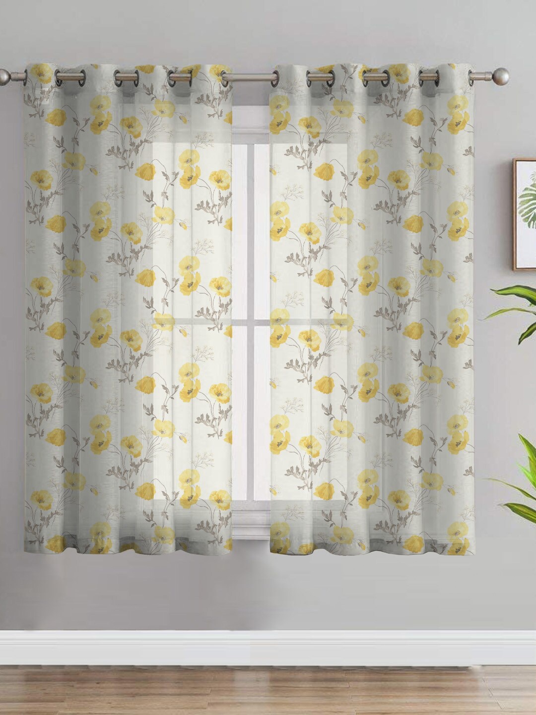 

SPACES White & Yellow 2 Pieces Floral Semi Sheer Window Curtain