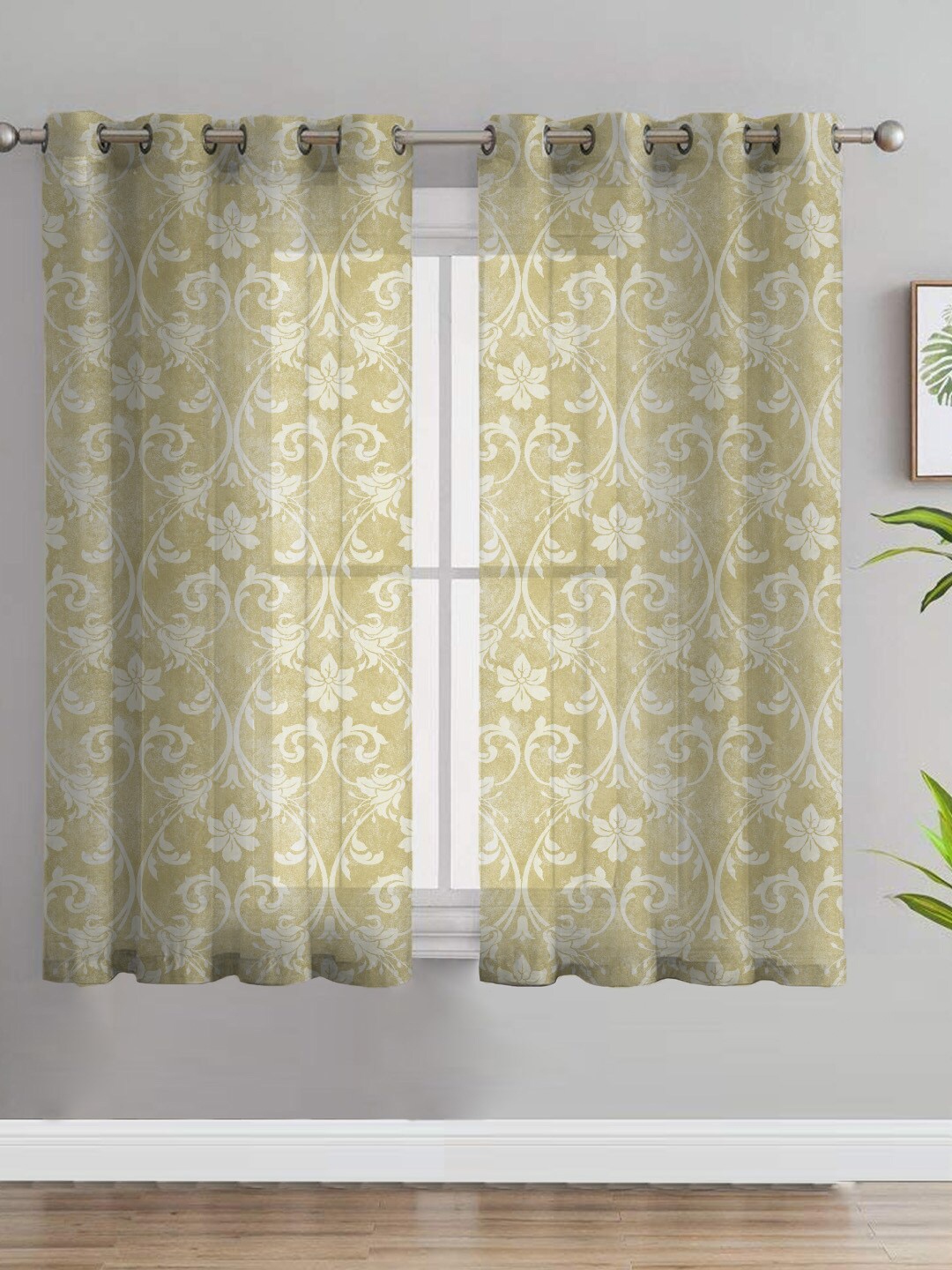 

SPACES Elegant Yellow & White 2-Pieces Ethnic Motifs Sheer Window Curtains