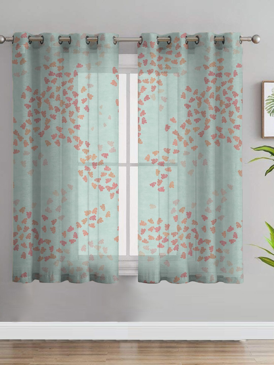 

SPACES Elegant Green & Peach-Coloured 2-Pieces Floral Sheer Window Curtains