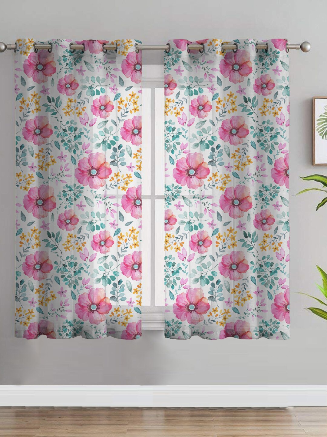 

SPACES White & Pink 2 Pieces Floral Semi Sheer Window Curtain