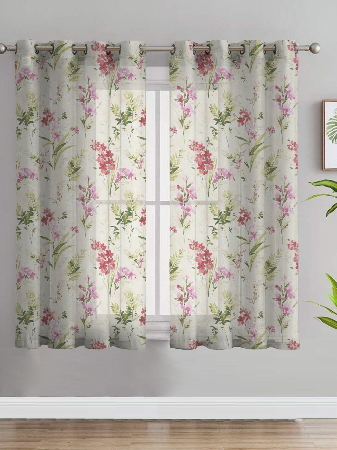 

SPACES Grey & Pink 2 Pieces Floral Semi Sheer Window Curtain