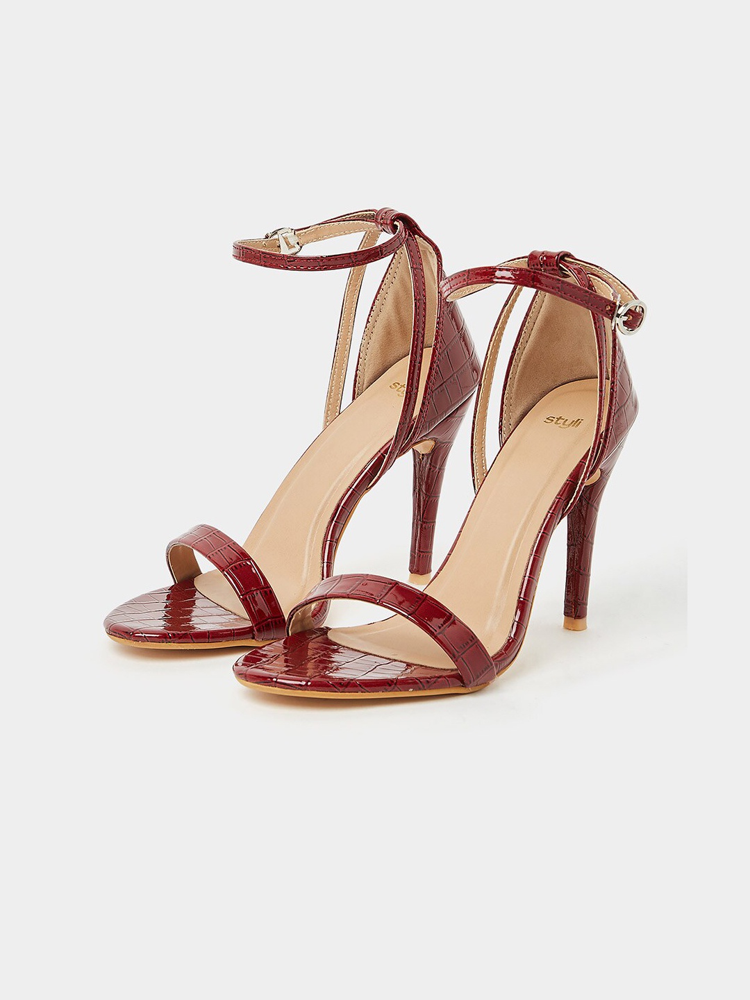 

Styli Red Textured Open Toe Slim Heels