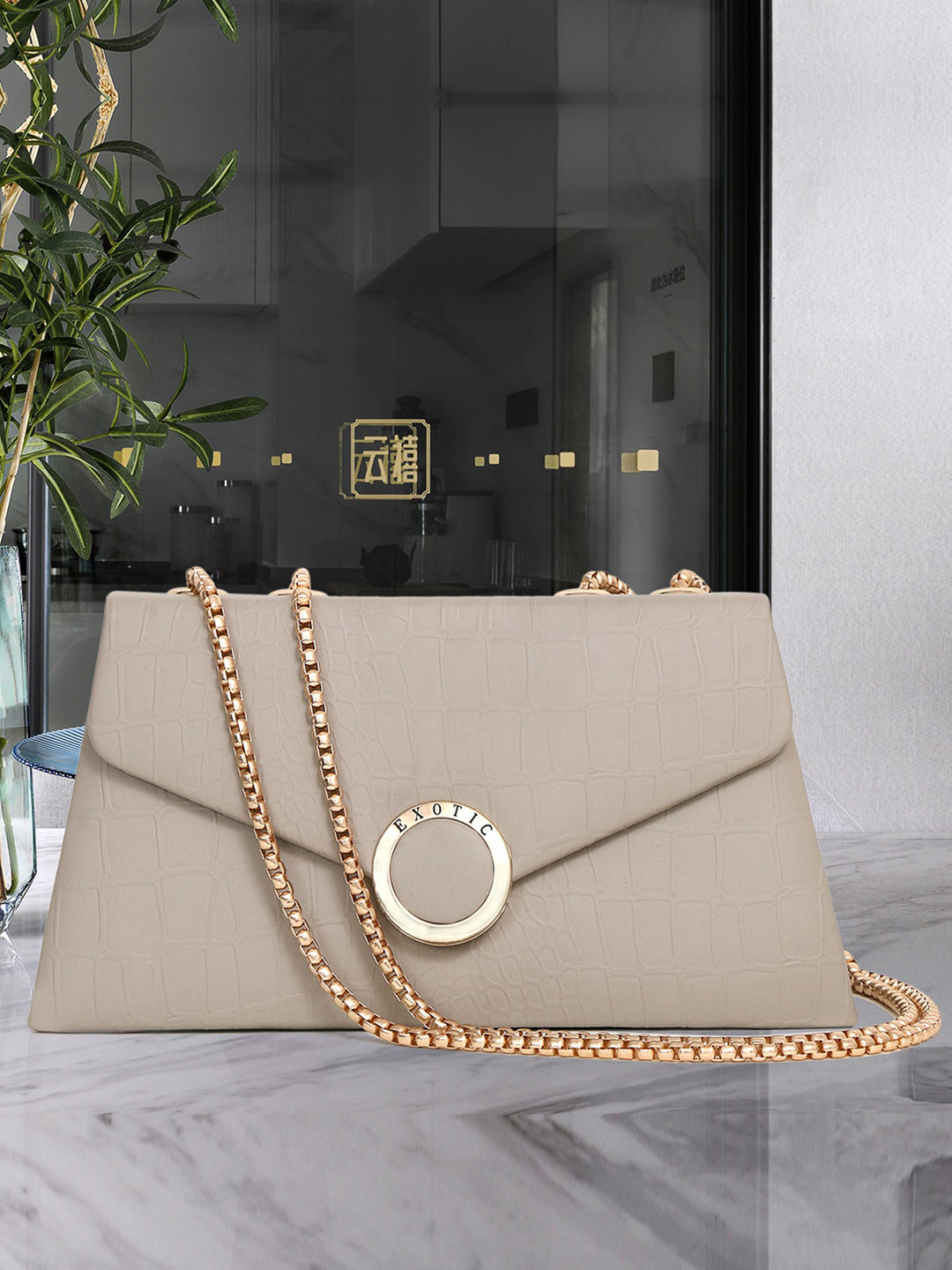 

Exotic PU Bucket Sling Bag, Beige
