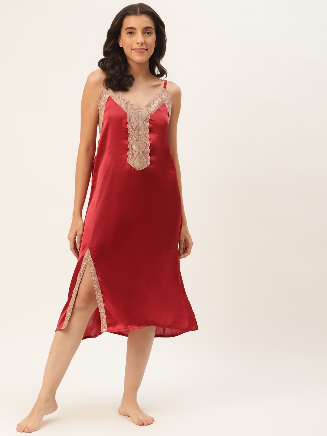 

Ms.Lingies V Neck Lace Up Detail Satin Nightdress, Maroon