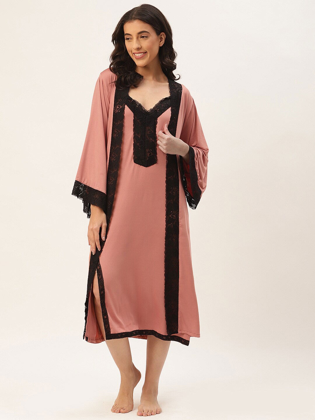 

Ms.Lingies V Neck Lace Up Detail Nightdress With Robe, Peach