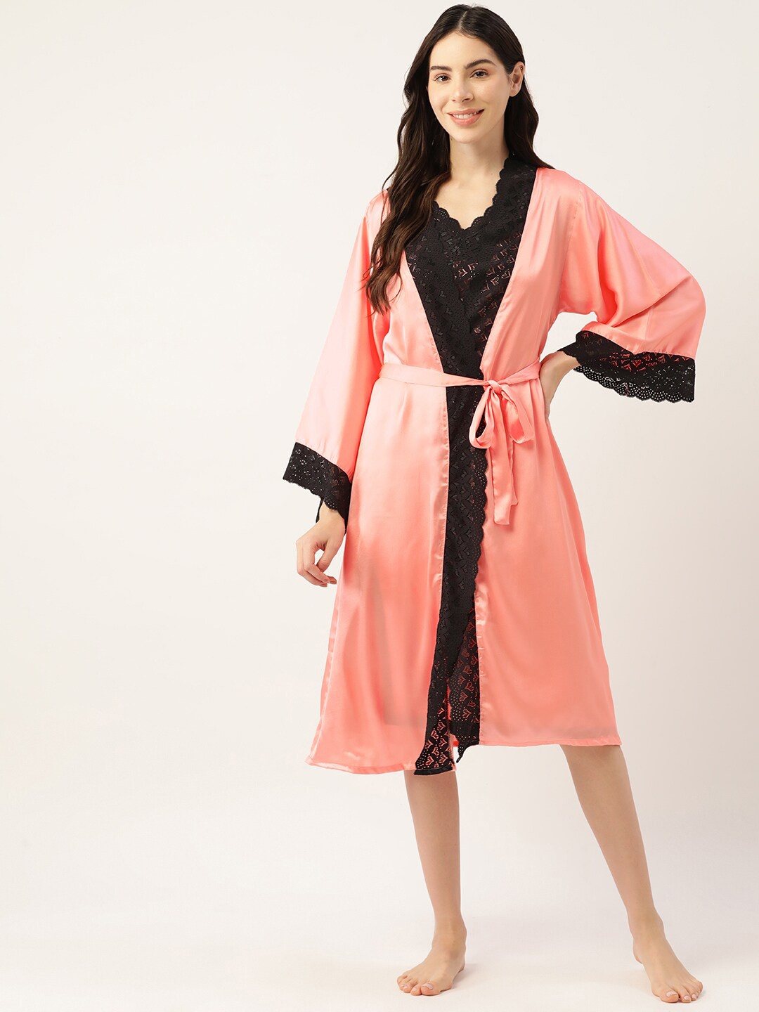 

Ms.Lingies V Neck Lace Up Detail Satin Nightdress With Robe, Peach