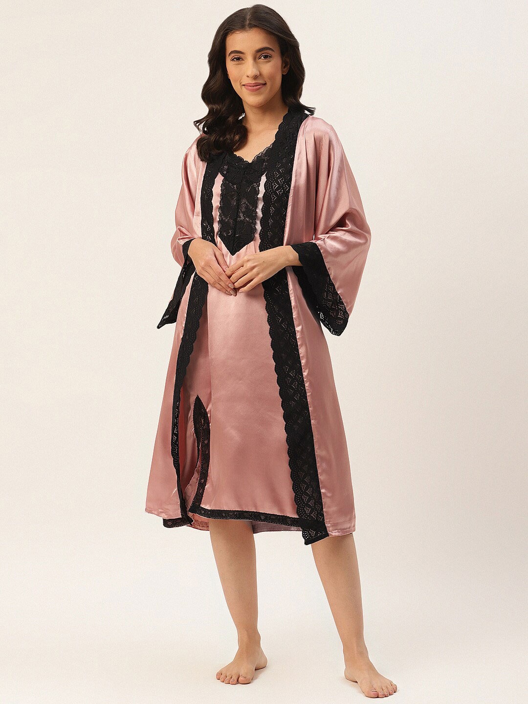 

Ms.Lingies V Neck Lace Up Detail Satin Nightdress With Robe, Rust