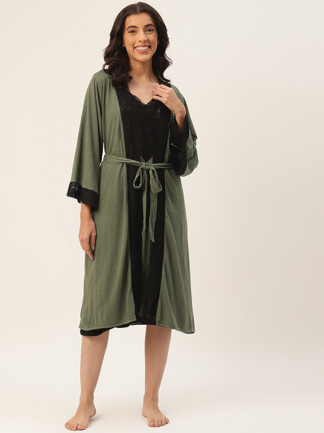 

Ms.Lingies V Neck Lace Up Detail Nightdress With Robe, Green