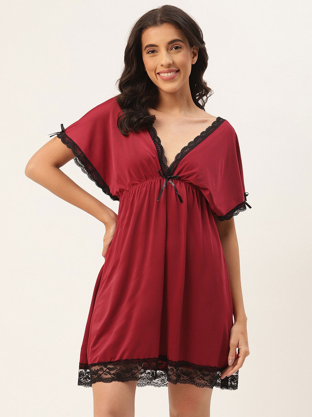 

Ms.Lingies V Neck Lace Up Detail Satin Nightdress, Maroon