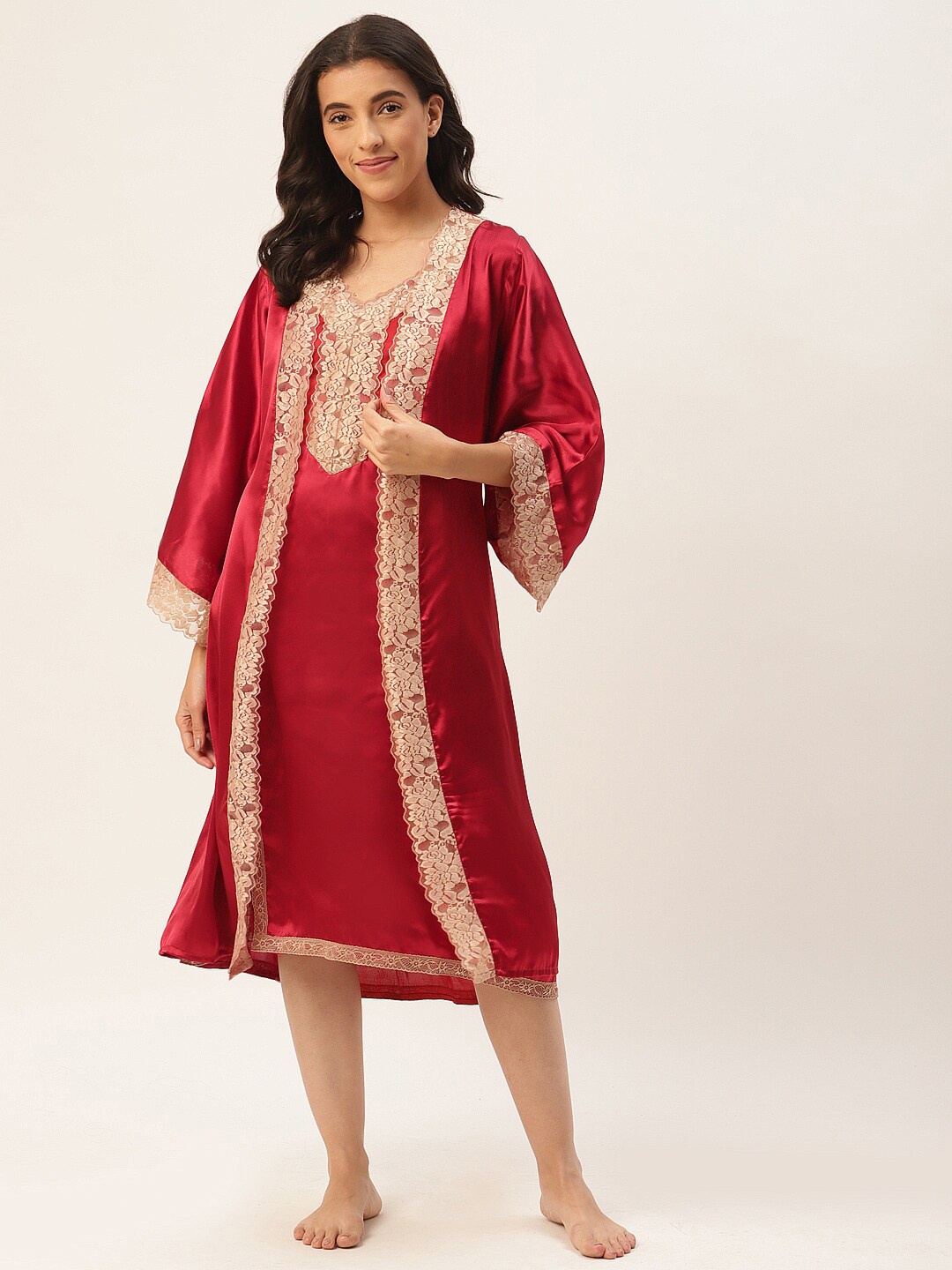 

Ms.Lingies V Neck Lace Up Detail Satin Nightdress With Robe, Maroon
