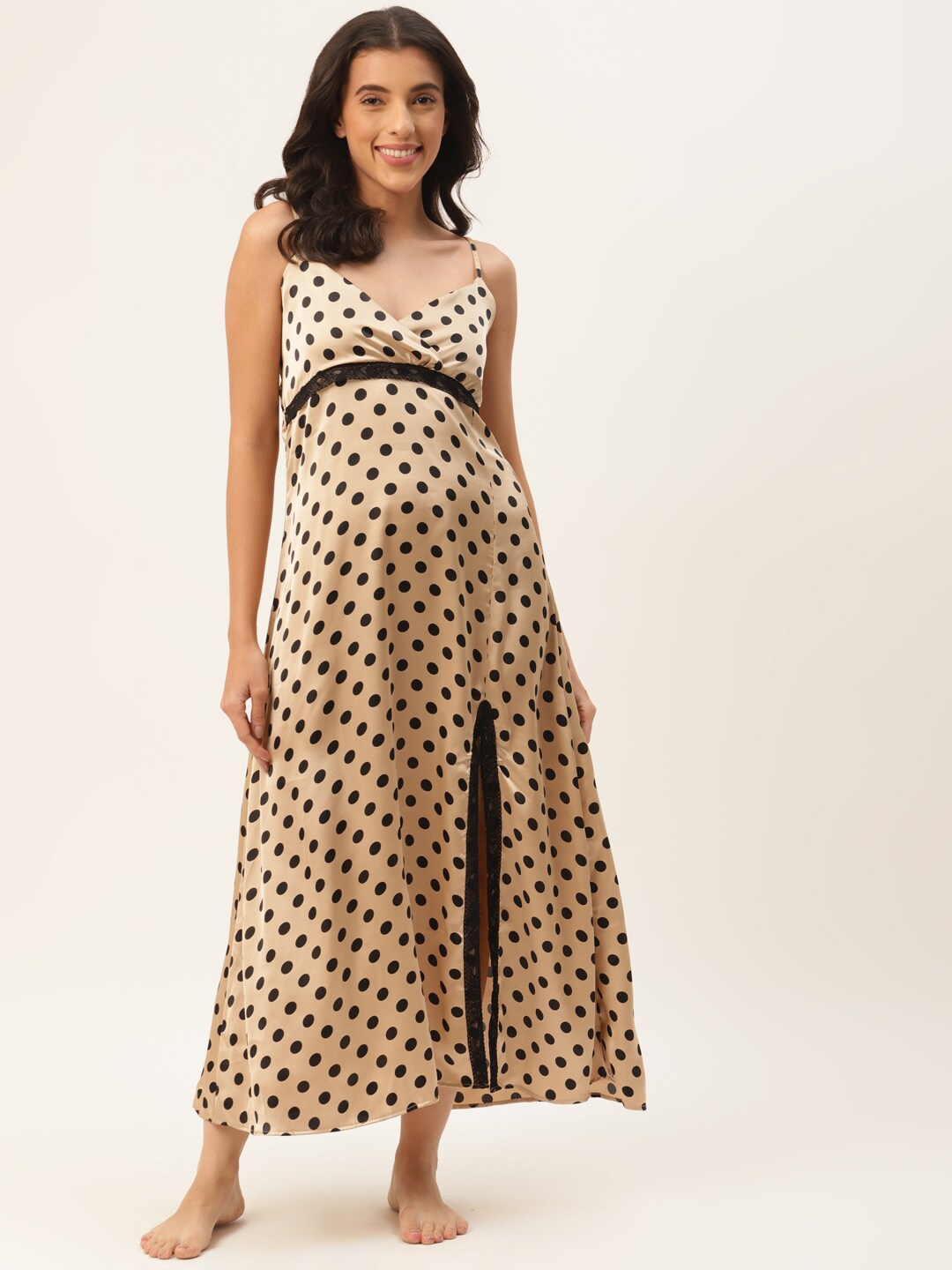 

Ms.Lingies V Neck Polka Dots Printed Satin Nightdress, Gold