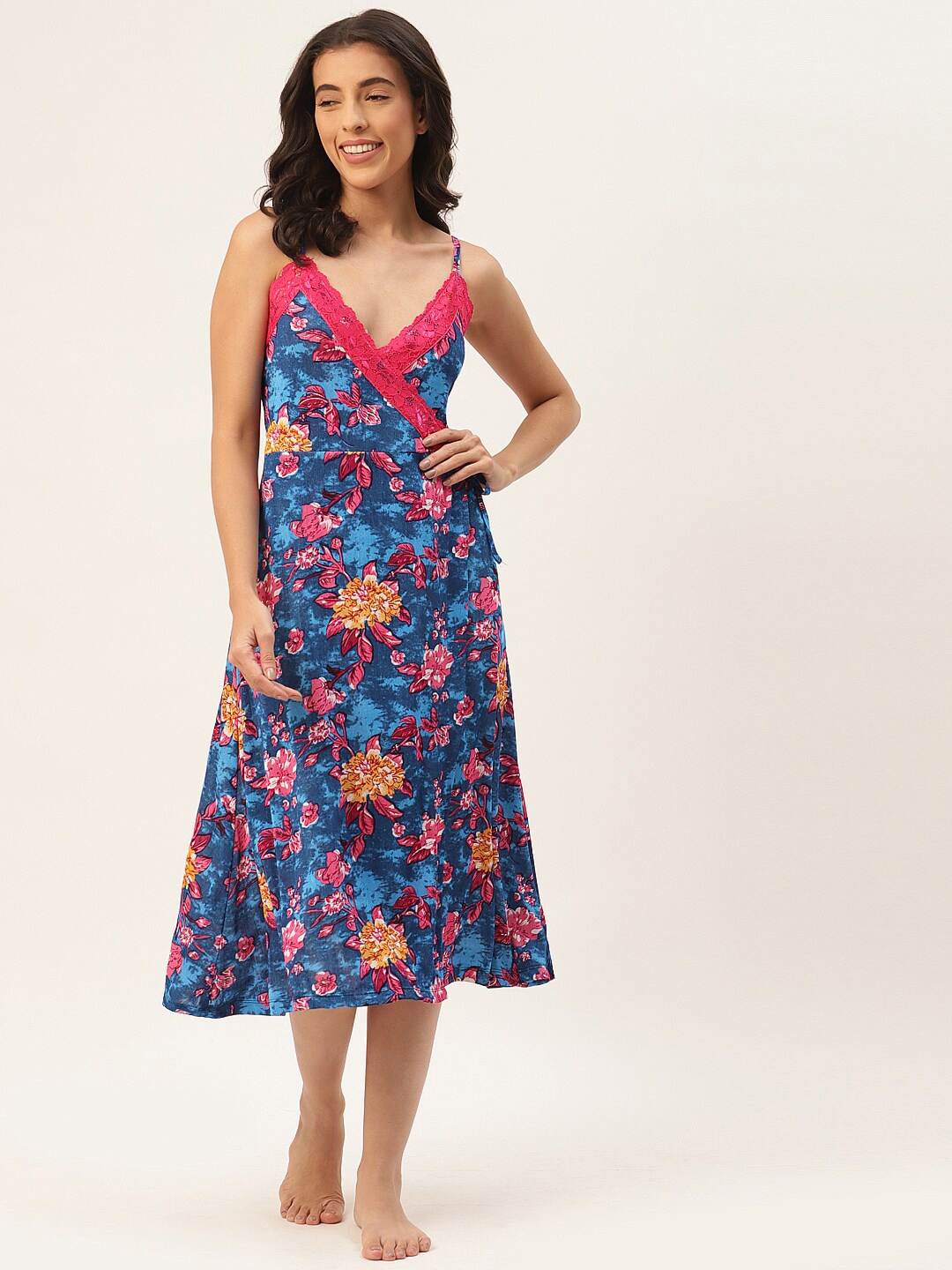 

Ms.Lingies V Neck Floral Printed Nightdress, Blue