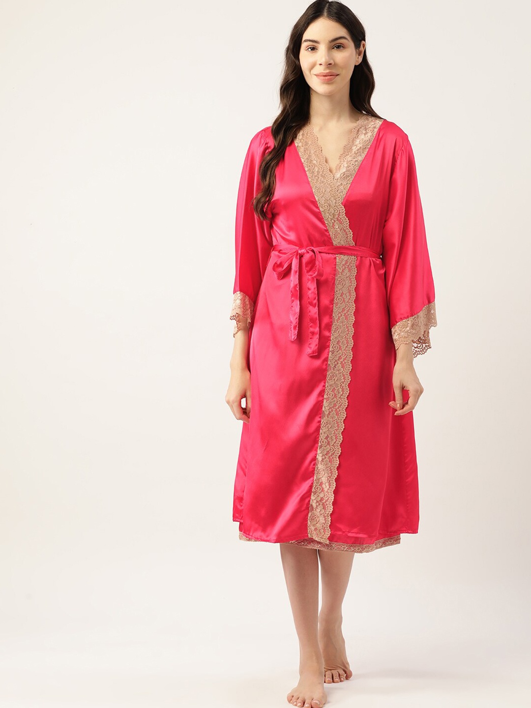 

Ms.Lingies V Neck Lace Up Detail Satin Nightdress With Robe, Rose