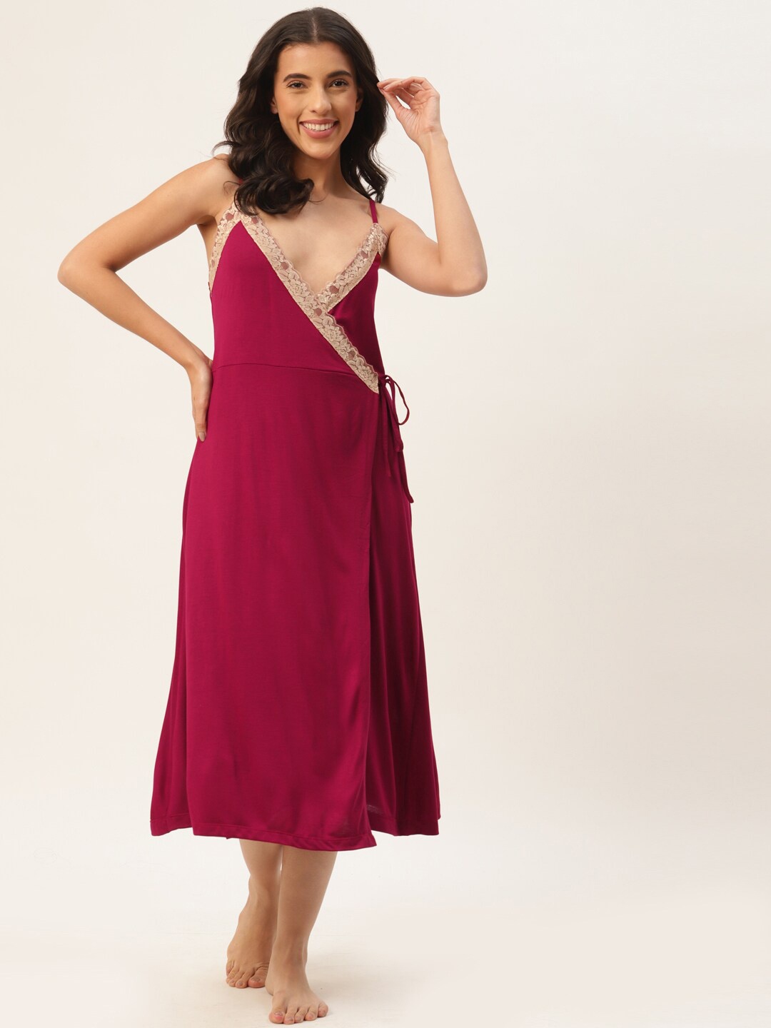 

Ms.Lingies V Neck Lace Up Detail Nightdress, Maroon