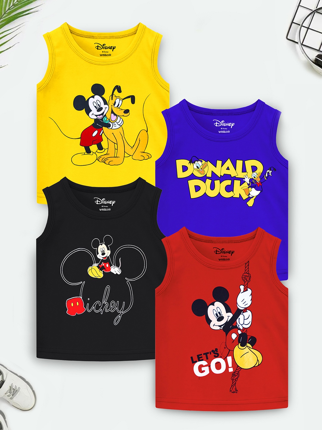 

YK Disney Boys Pack of 4 Mickey & Donald Printed Sleeveless Cotton T-shirt, Yellow