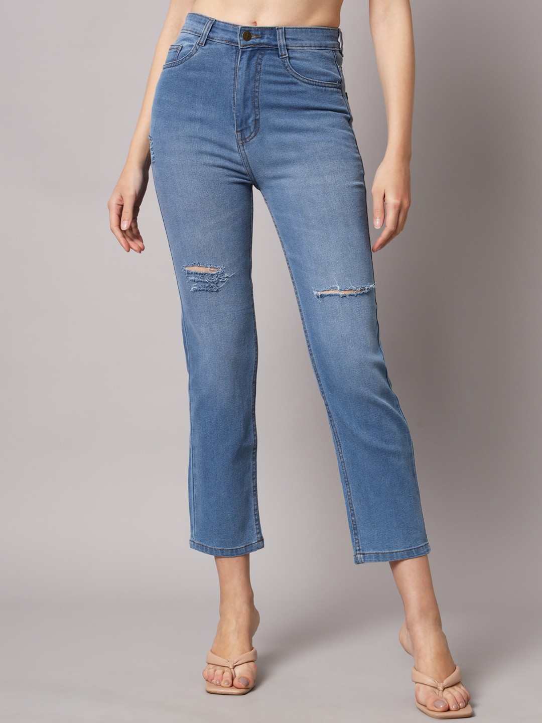 

GUTI Women Slim Fit High-Rise Slash Knee Light Fade Stretchable Jeans, Blue