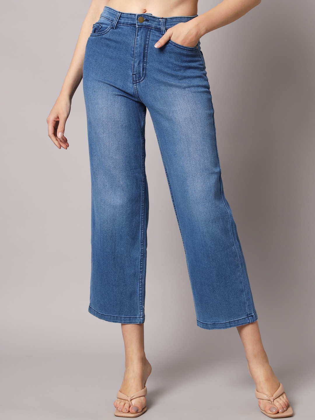 

GUTI Women Flared High-Rise Low Distress Light Fade Stretchable Jeans, Blue