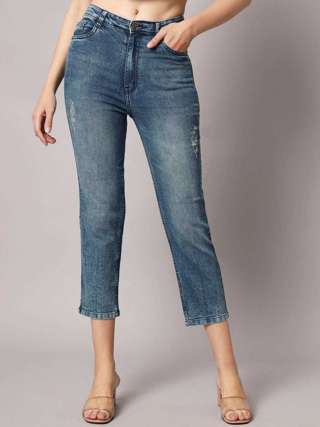 

GUTI Women Skinny Fit High-Rise Low Distress Heavy Fade Stretchable Jeans, Blue