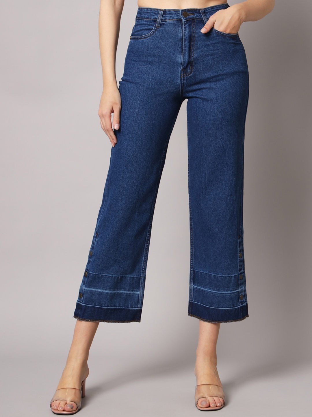 

GUTI Women Flared High-Rise Stretchable Light Fade Cotton Jeans, Navy blue