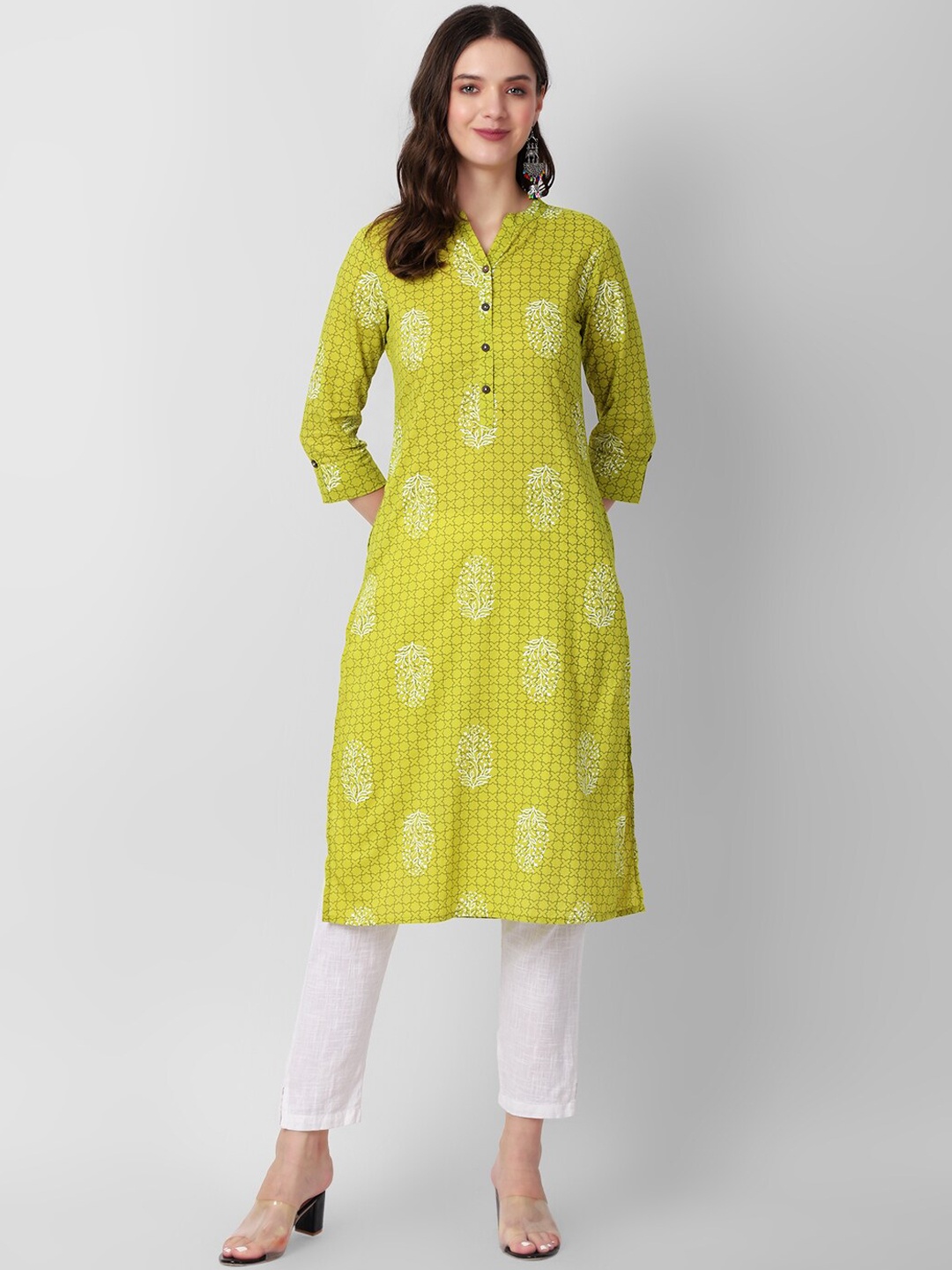 

Haute and Humble Ethnic Motifs Printed Band Collar Pure Cotton Kurta, Lime green