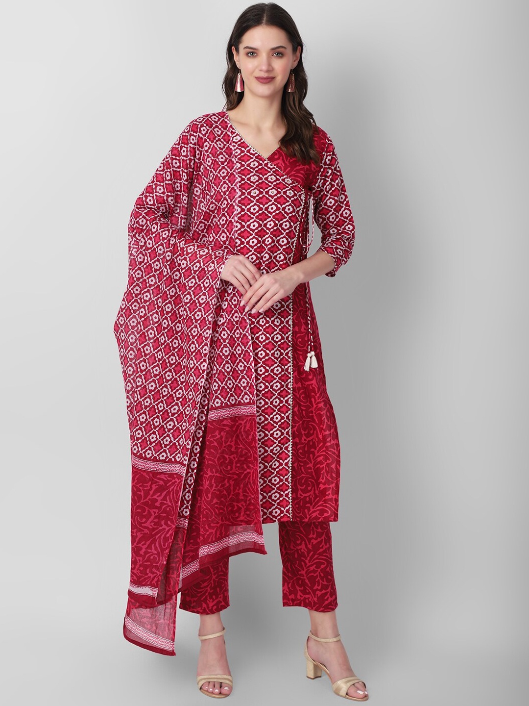 

Haute and Humble Ethnic Motifs Printed Angrakha Cotton Kurta with Trousers & Dupatta, Pink