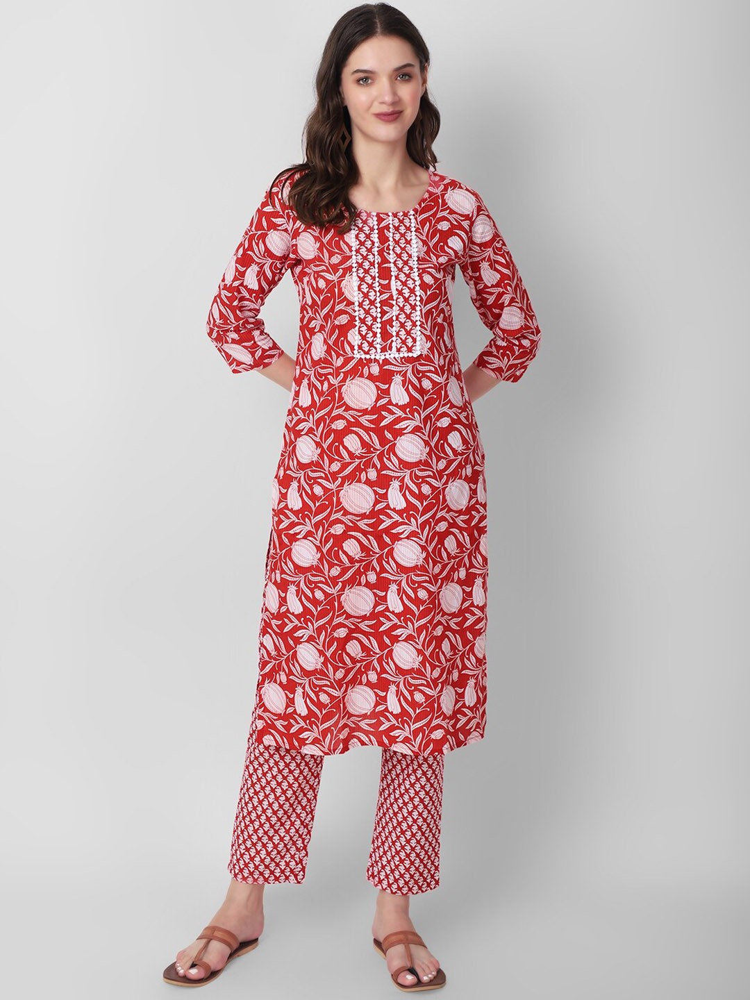 

Haute and Humble Floral Printed Cotton Kurta with Trousers & Dupatta, Rust