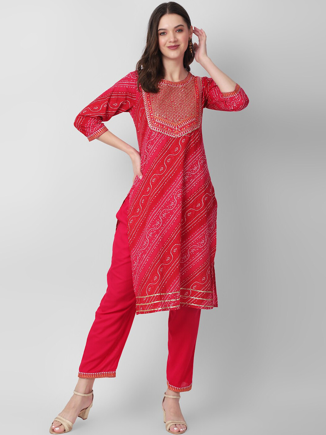 

Haute and Humble Bandhani Printed Sequinned Pure Cotton Kurta with Trousers, Pink