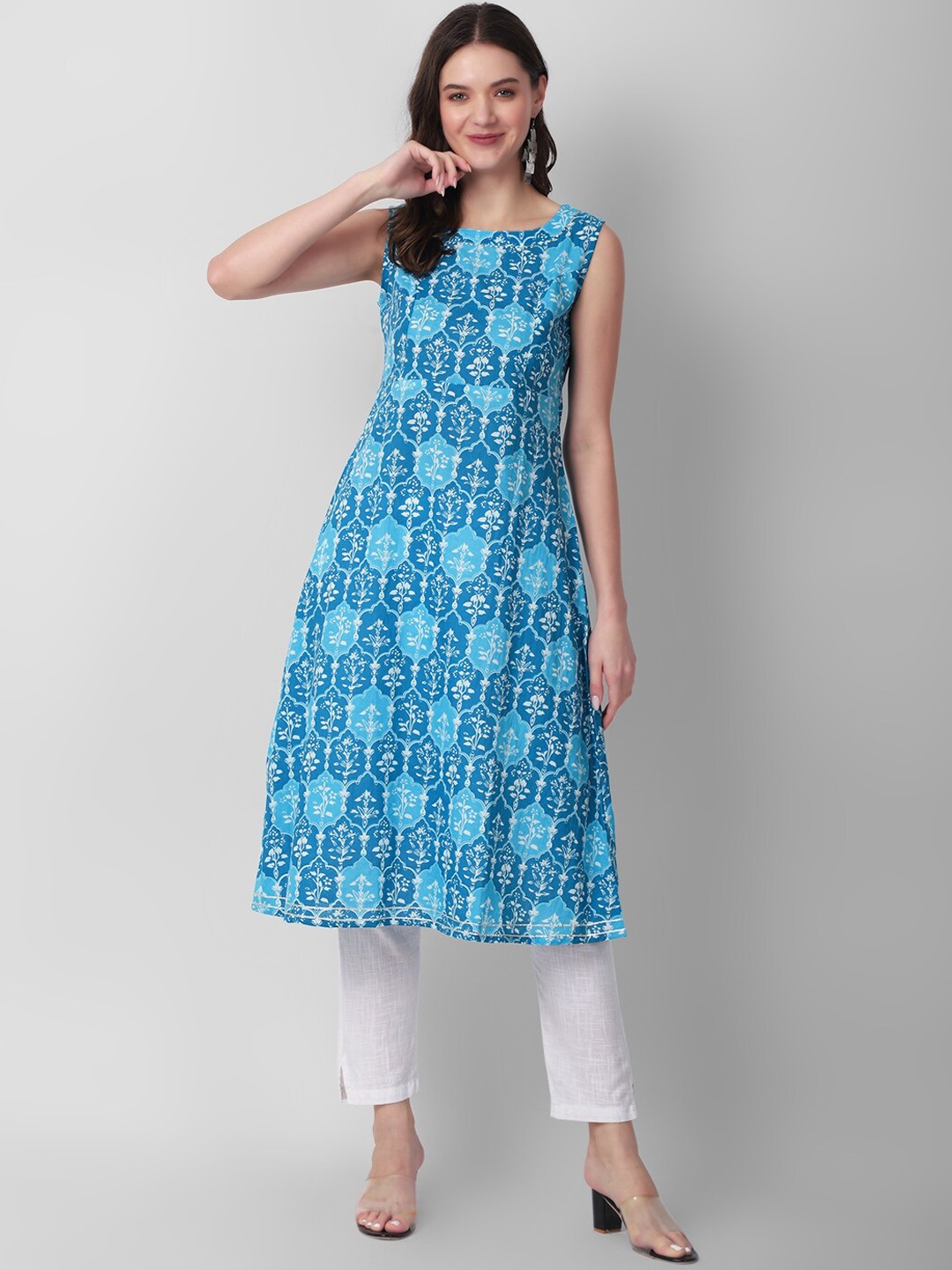 

Haute and Humble Ethnic Motif Printed Sleeveless Gotta Patti Pure Cotton A Line Kurta, Turquoise blue