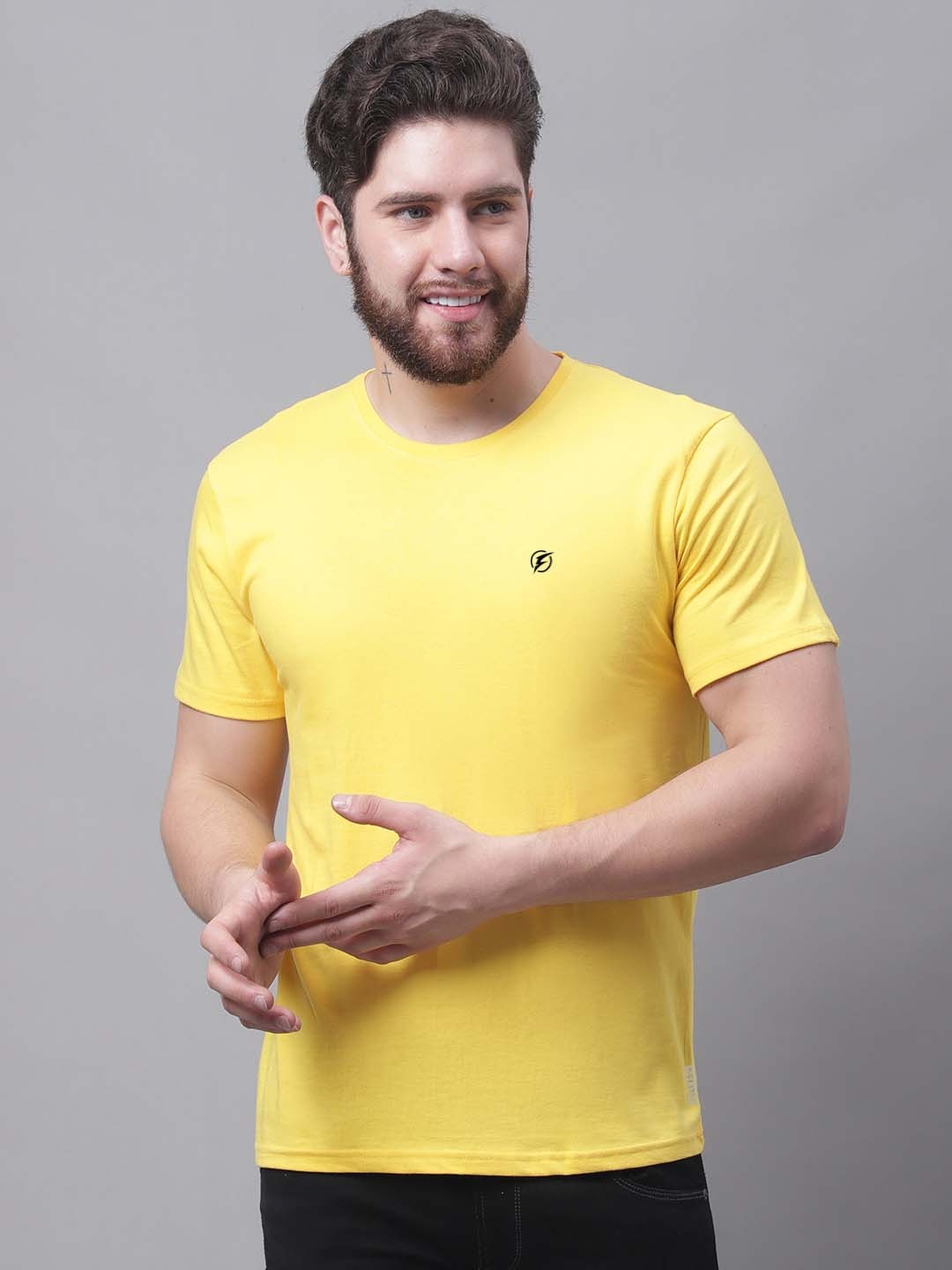 

Friskers Men Cotton Round Neck T-shirt, Yellow